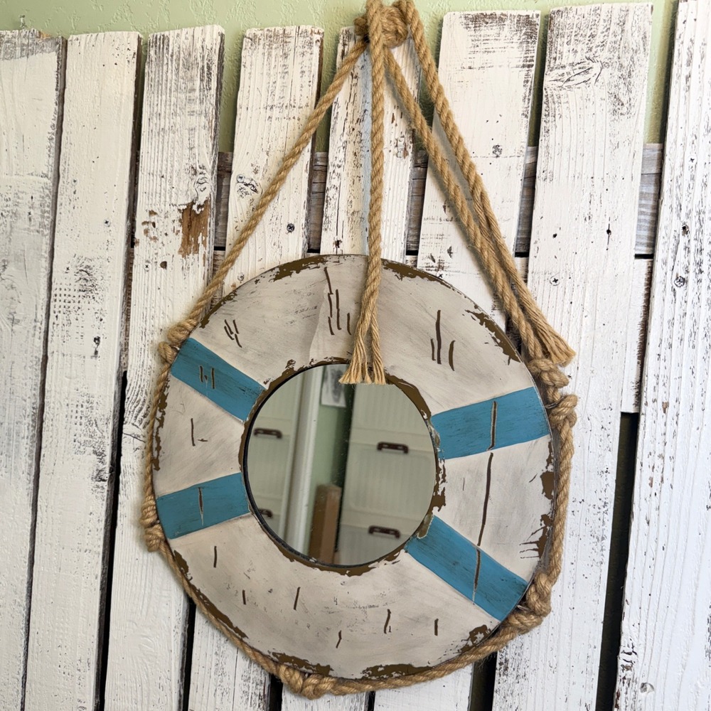 Nautical Life Ring Wall Mirror Rustic Distressed Blue White Rope 15.5" Beach